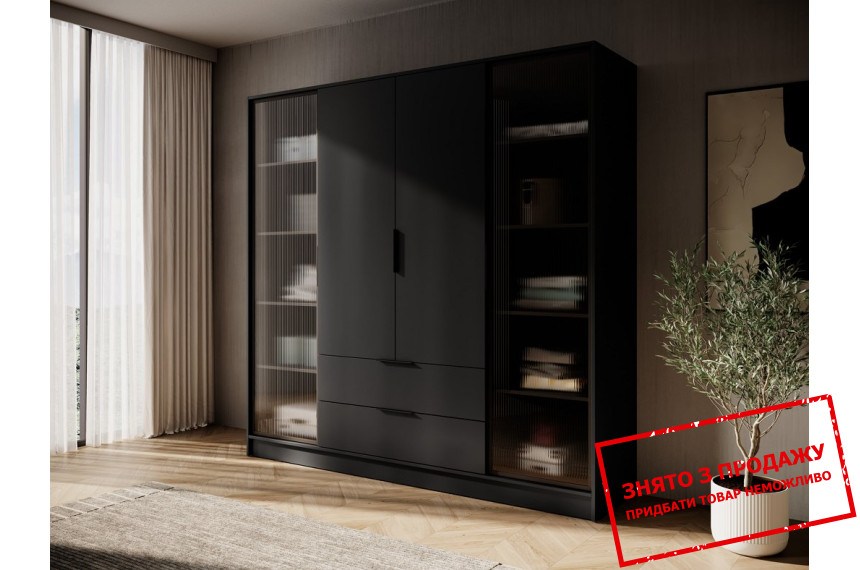 Гардеробна / шафа для одягу Perfect Home Келлі / Kelly 4DRD 4-дверна з боковими прозорими дверцятами Чорний