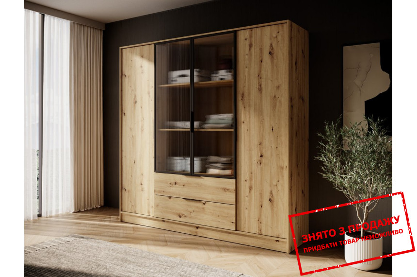 Гардеробна / шафа для одягу Perfect Home Келлі / Kelly 4DRM 4-дверна з центральними прозорими дверцятами та додатковими полицями Дуб артизан