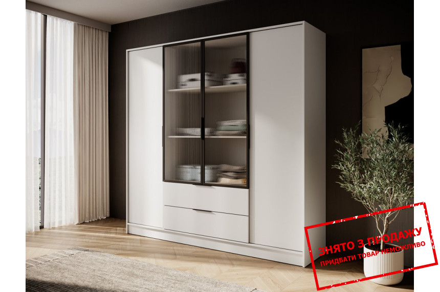 Гардеробна / шафа для одягу Perfect Home Келлі / Kelly 4DRM 4-дверна з центральними прозорими дверцятами та додатковими полицями Кашемір