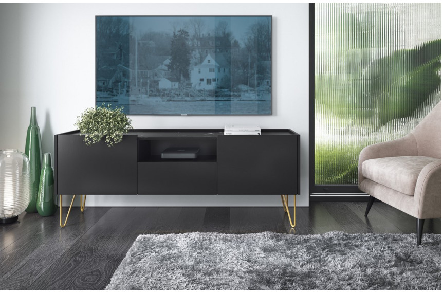 Тумба під телевізор Perfect Home Гармони / Harmony 1-дверна з 2 шухлядами і золотими ніжками RTV144 Чорний/чорний мармур роял