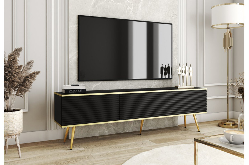 Тумба під телевізор Perfect Home Оро / Oro 3-дверна з золотими ніжками RTV175 MDF Чорний