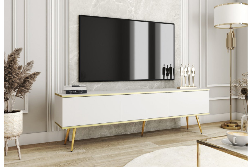 Тумба під телевізор Perfect Home Оро / Oro 3-дверна з золотими ніжками RTV175 Білий
