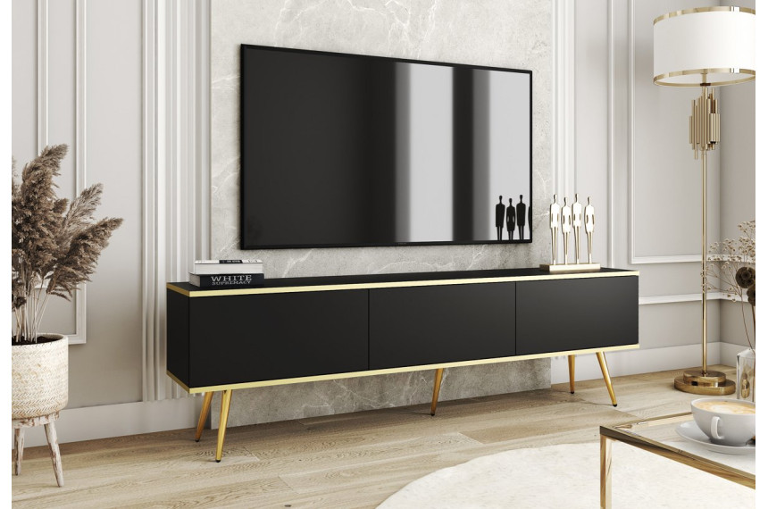 Тумба під телевізор Perfect Home Оро / Oro 3-дверна з золотими ніжками RTV175 Чорний
