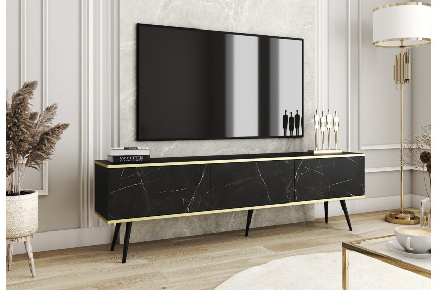 Тумба під телевізор Perfect Home Оро / Oro 3-дверна з чорними ніжками RTV175 Чорний мармур роял