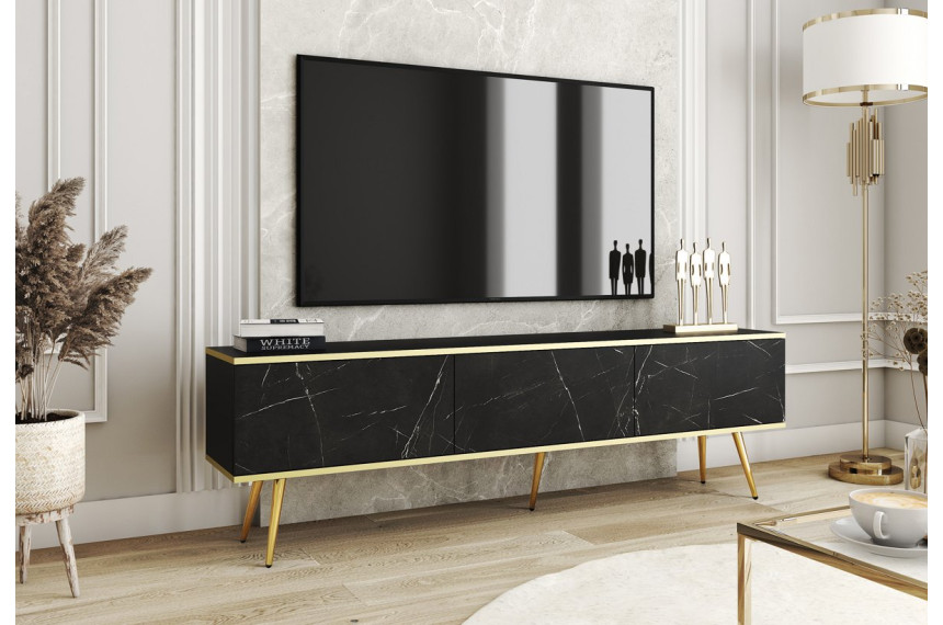 Тумба під телевізор Perfect Home Оро / Oro 3-дверна з золотими ніжками RTV175 Чорний мармур роял