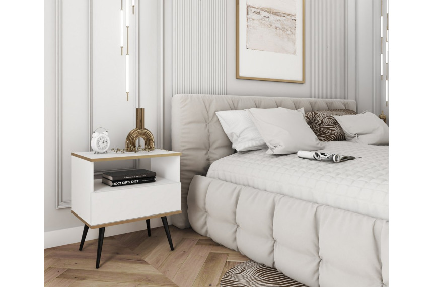 Тумба приліжкова Perfect Home Оро / Oro з 1 шухлядою і чорними ніжками S54 Білий