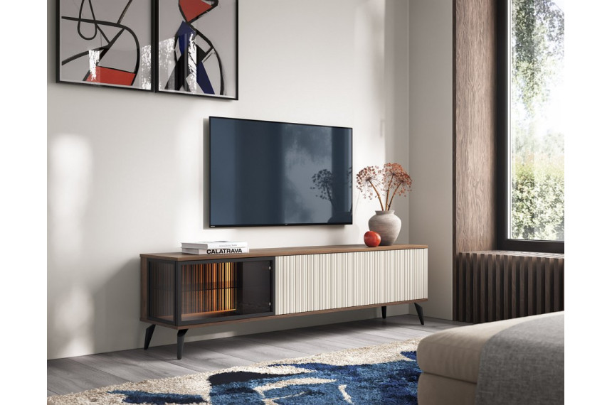 Тумба під ТВ з підсвіткою Вічі / Vici RTV180 3-дверна Горіх/кашемір Perfect Home Польща